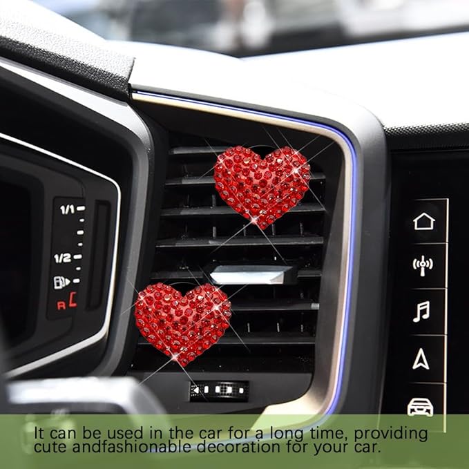 2PCS Bling Heart Air Vent Clips, Heart Car Accessories, Bling Heart Charm Air Conditioning Outlet Clip, Car Interior Decor Air Fresheners Vent Clips Universal Fit for Women and Girls (Red)