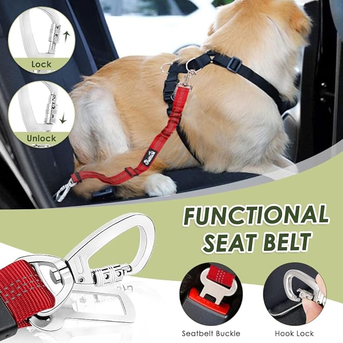 SlowTon Dog Seatbelt, 2 Pack Dog Seat Belt Car Leash Adjustable Elastic Bungee Buffer Heavy Duty Nylon Reflective Pet Safety Tether Connect to Dog Harness for Travel Riding in Vehicle (Daul Clip, R)