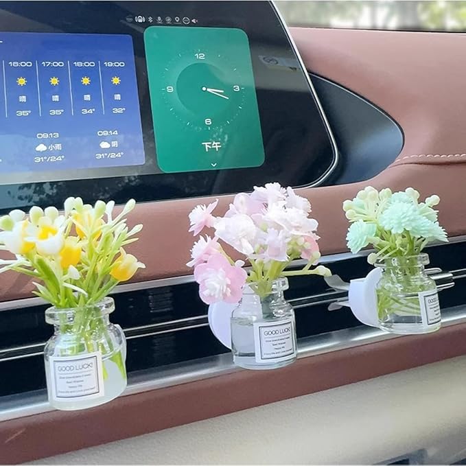 Set of 4 Cute Flower Bouquet in Glass Vase Car Air Freshener Vent Clips, Mini Artificial Flowers for Car Air Vent Decoration, Auto Interior Dash Ornament Accessories
