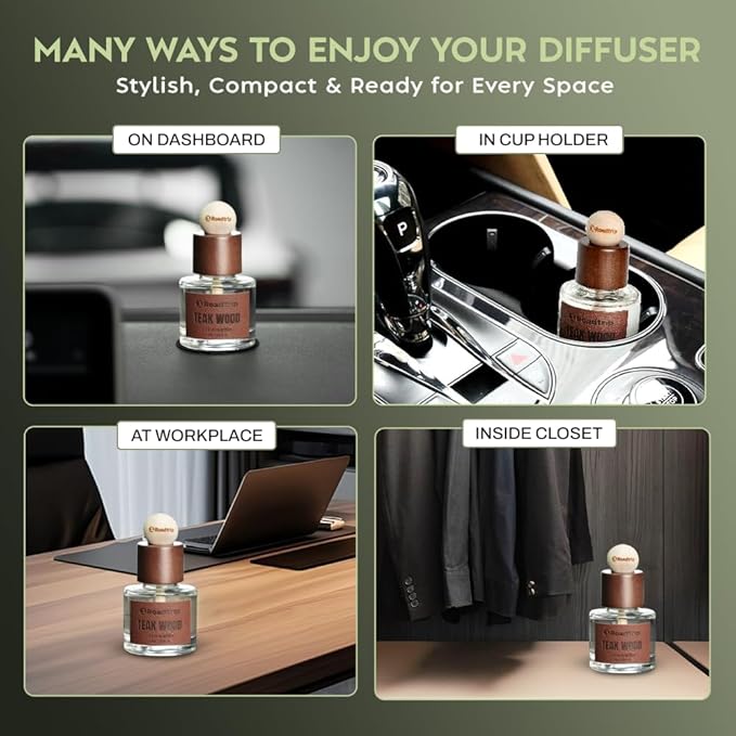 Car Air Freshener - Long Lasting Aromatherapy Essential Oil Diffuser - Car Cup Holder Accessories for Men & Women - Non Toxic Air Freshener - Teakwood Scent Diffuser 1.69 FL OZ/50ML