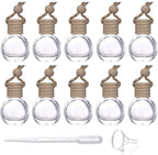 10 Pcs 8ml Hanging Essential Oil Diffuser,Empty Clear Glass Oblate Car Air Freshener Perfume Aromatherapy Pendant Bottle Vials With Wooden Caps & Hanging String-FREE 1 Funnel&Dropper