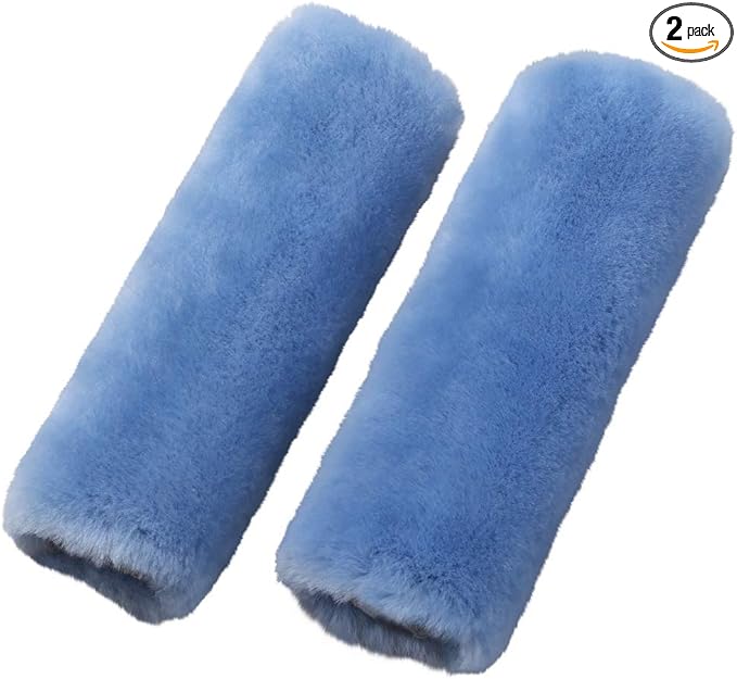 OGLAND 2 Pack Natural Fur Comfort Auto Authentic Sheepskin Car Seat Belt Pads for Adults, Soft Texture Shoulder Neck Cushion Pad Protector, Genuine Australia Merino Wool Cover (Sky Blue)