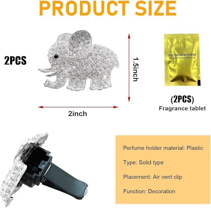 2 PCS Bling Car Air Vent Clip, Cute Elephant Crystal Air Conditioning Outlet Clip, Air Fresheners Diffuser Clip Charm, Interior Decor Car Accessories For Women Girl