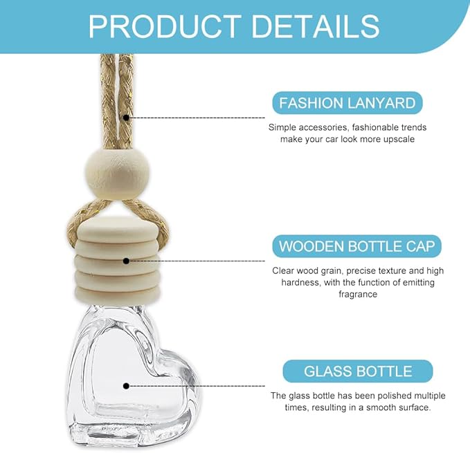 5PCS Hanging Car Air Freshener, Car Air Freshener Diffuser, 8ml Empty Glass Auto Oil Perfume Aromatherapy Diffuser Charms, Refillable Perfume Bottles for Most Vehicles (Heart, Style 1)