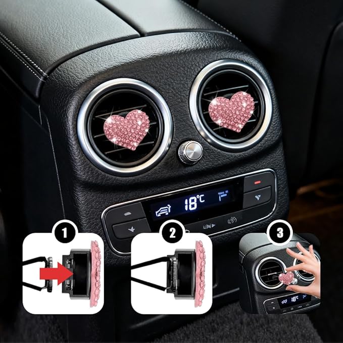 4PCS Heart-Shaped Car Vent Clip with Rhinestone, Vent Clip Car Accessories, Sparkly Rhinestone Bling Diamond Freshener Holder, Air Conditioning Outlet Ornament for Women Girls (Pink, Style1)