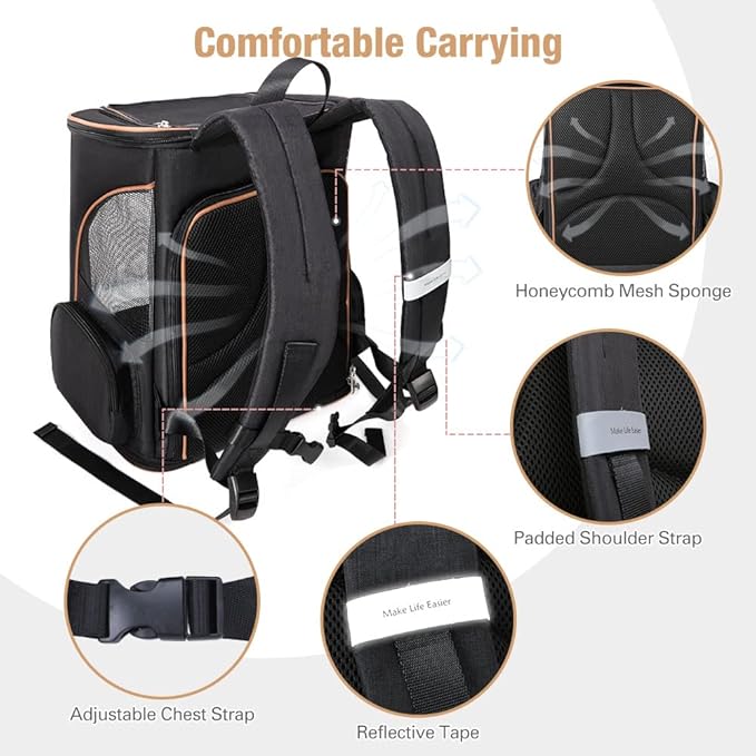 Lekereise Cat Backpack Carrier for Small Dogs and Medium Cat Puppy Kitten Bunny Pet Carrier Backpack Collapsible with Fully Ventilated Mesh with Safety Leash(Black)