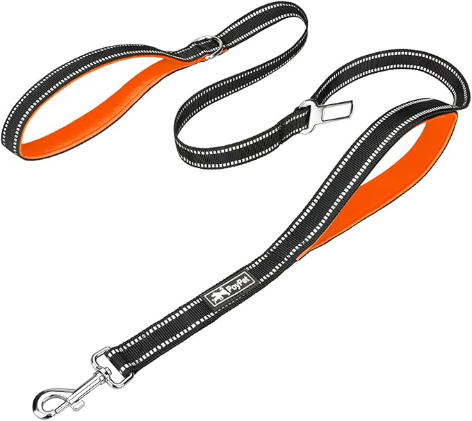 PoyPet 5 Feet Heavy Duty Dog Leash - Car Seat Belt - 2 Handles -Padded Traffic Grip for Extra Control(Orange)