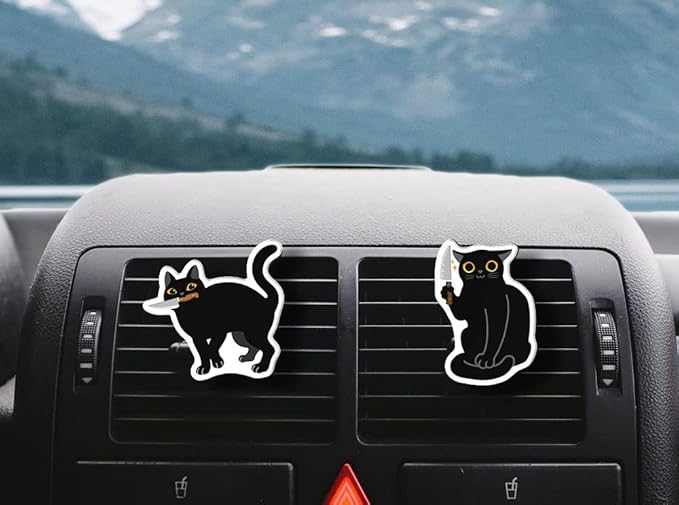 WIRESTER Set of 2 Fresh Scented Car Air Freshener Vent Clip, Decorative Accessories, Interior Decoration for Cars - Black Cat With Knife & Black Cat With Knife (S2)