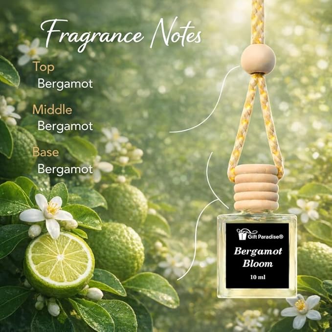 Gift Paradise® Luxury Bergamot Bloom Car Air Freshener Set of 3(10 ml) Hanging Glass Diffusers with wooden Cap, Citrus Floral Fragrance for Car, Home & Office, Long-Lasting – Premium Magnetic Gift Box