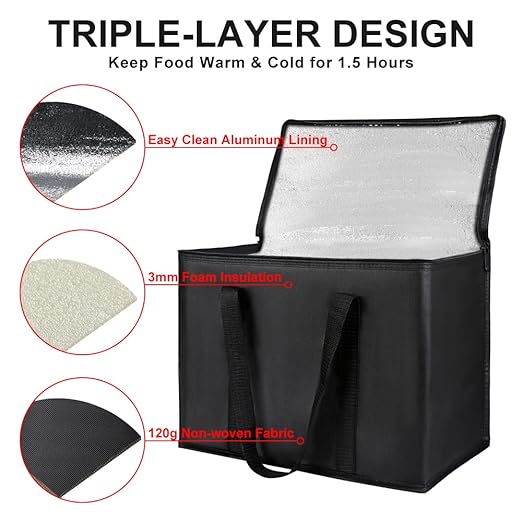 CIVJET 1-Pack Insulated Reusable Grocery Bags, X-Large Insulated Food Delivery Bag for Drivers/Catering/Rideshare, Commercial Food Warmer for Shopping, Tote Cooler Bags, Black