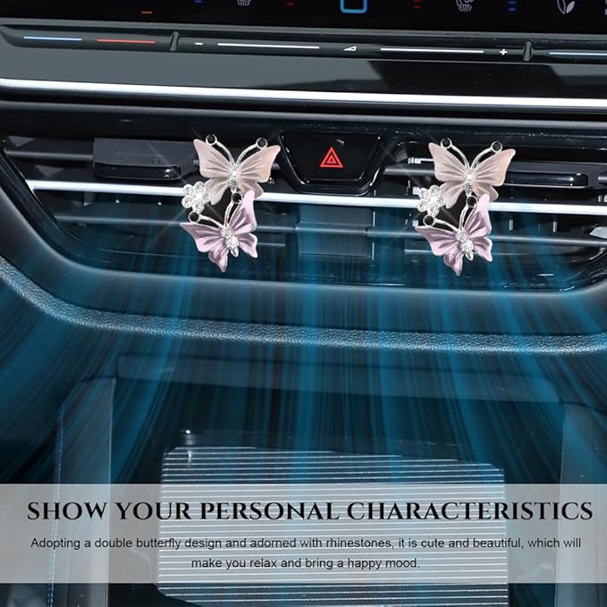 2PCS Car Air Vent Clips, Dual Butterfly Diamond Car Air Conditioner Outlet Vent Clip, Cute Car Diffuser Perfume Clip, Car Air Freshener Decor Accessories for Women Girl (Light Pink, Style 1)