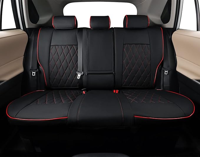 EKR Rav4 Seat Covers Custom Fit for Toyota Rav4 (Only Hybrid) 2019-2025 LE,XLE,XLE Premium,Limited,Woodland Edition, Leather Car Seat Cover Full Set for SUV,Faux Leather(Black with Red Piping)
