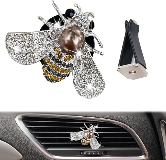 Shiny Bee Car Air Freshener Dashboard Outlet Vent Clips，Pearl Diamond Bee Car Perfume Car Air Conditioner Air Outlet Decoration Aromatherapy Clip，cute Bling Bee Charms Rhinestone Auto Interior Decorations Accessory (Silver)
