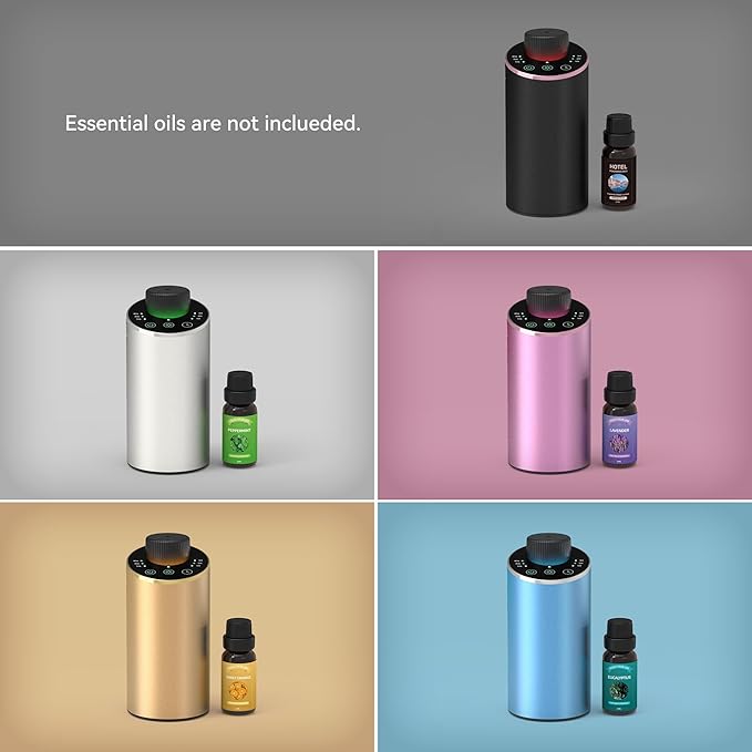Waterless Essential Oil Diffuser Scent Aromatherapy Diffusers for Home Large Room, Car, Office, Portable Battery Operated Cordless Air Freshener, 4 Timers & 3 Mist Levels, 100ml Capacity (Silver)