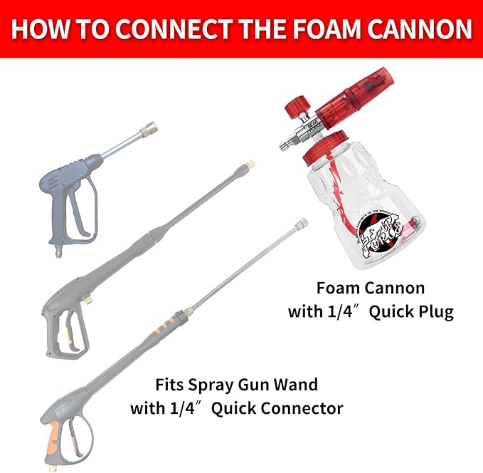 BEAR FORCE Pressure Washer Stainless Steel Foam Cannon Foam Generator with 1/4” Quick Connector & 1.25mm & 1.10mm Orifice Nozzle, 360° Adjustable Thicker Snow Foam with 32 oz Soap Car Wash
