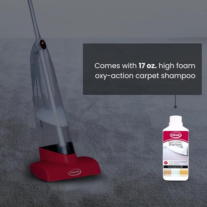 Ewbank Cascade Manual Non-Electric Lightweight Compact Carpet Cleaner Shampoo Dispensing Roller Tall Scrubber Brush, with 17 oz. Shampoo, 85 oz, Red