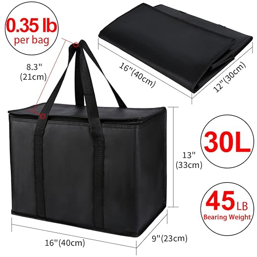 CIVJET Insulated Reusable Grocery Bags, 16W x 13H x 9D, X-Large Tote Bag for Shopping/Travel, Doordash Food Cooler/Hot Delivery Bag, Black, 2-Pack