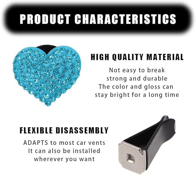 Car Diffuser, Car Air Fresheners Vent Clips, Rhinestone Heart Shaped Crystal Car Air Freshener Vent Clips, Bling Air Vent Clips Bling Inter Decor Accessories Fit for Cars, Trucks (Blue)