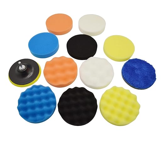 12Pcs 7inch Foam Buffing Polishing Pads Kit, with Coral Fleece Pad, Backing Plate, M14 Drill Adapter, Car Buffing Kit for Car Polishing, Waxing, Sealing Glaze (12Pcs-7inch)