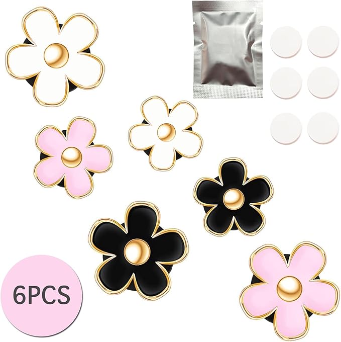 6pcs Car Air Freshener Perfume Clip, Daisy Flower Car Decoration Automotive Dashboard Outlet Air Vent Clip Decor Charm Interior Accessories for Girls Women(3 cm, 3.3 cm, Black, Pink, White)