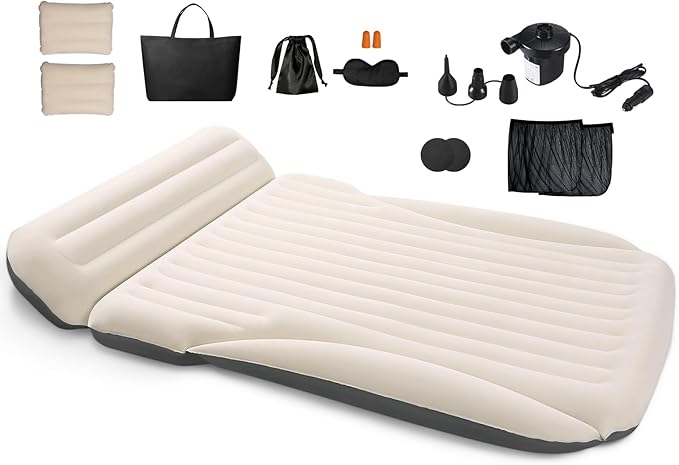 Car Bed with The Most Complete Sleeping Accessories,Leakproof Durable Car Mattress, with Pillow & Pump|for SUV Minivan Mpv Road Trip Inflatable Bed,Single-Sided Flocking Off-White + Gray