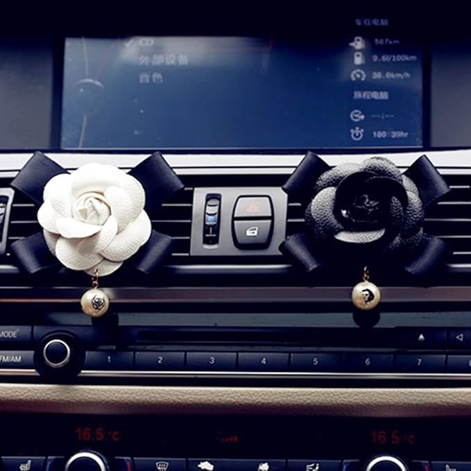 2 Pcs Camellia Air Vent Clips, Cute Flower Car Air Freshener Clip, Glam SUV Outlet Decorations, Leather Rose Vent Diffuser, Charm Car Inter Decor Accessories for Women Girls