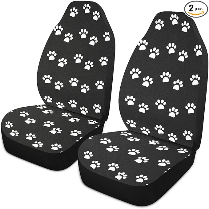 Paw Print Car Seat Covers Set of 2,White Animal Pet Claws on Black Background Universal Auto Front Seat Cushion Protector for Women Cute Animal Footprints Car Accessories Fit for Car Truck
