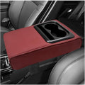 Car Center Console Armrest Pillow, 14"×8.3" Waterproof Leather Armrest Box Cover with Cup and Phone Holder, Soft Memory Foam Arm Rest Console Pad Protector for SUV Truck (Wine Red, Glossy)