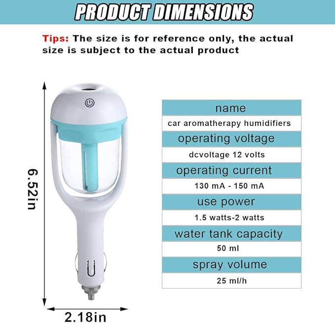 Car Humidifier, Portable Mini Aromatherapy Essential Oil Diffuser, 180-Degree Rotation Cool Mist Humidifier, Vehicle Air Freshener Diffuser with 12V Charging Port for Home Office (Blue)