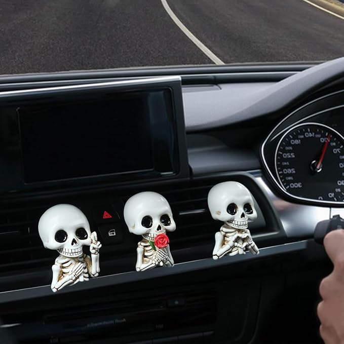 Set of 3 Halloween Skull Decor Cute Car Air Freshener Vent Clips, Resin Skeleton Holding Rose Car Diffuser Romantic Dashboard Decorations Auto Interior Accessories for Men Women