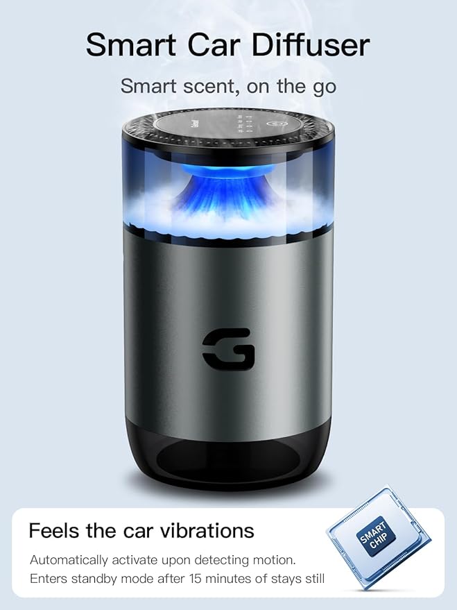 Smart Car Air Freshener Diffuser, Waterless Essential Oil Diffuser with 4 Modes, 4 Scent Refills, Auto On/Off, USB - C Rechargeable Wireless, Ambient Light for Home/Car (5502-Gunmetal Grey)