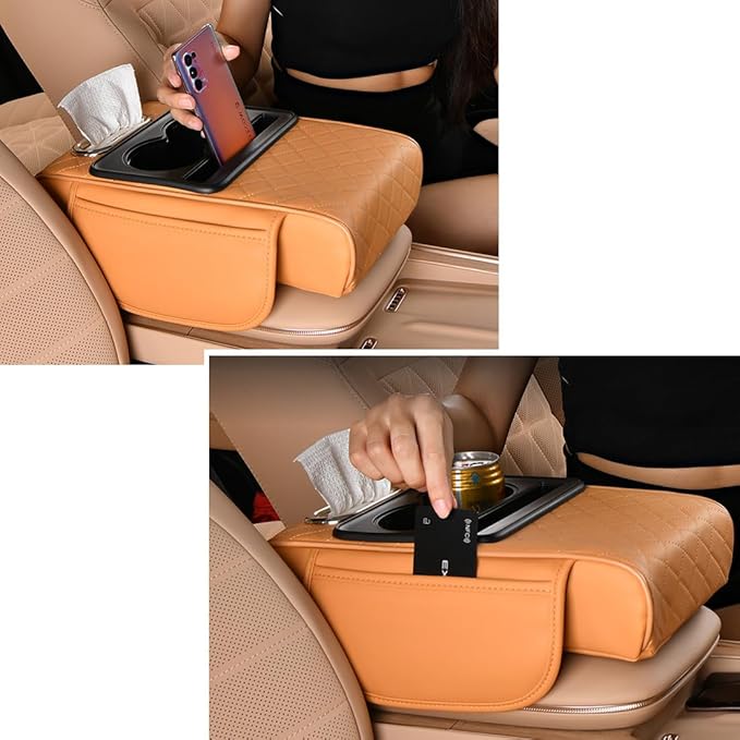 Car Armrest Cushion,5-in-1 Center Console Cover with 2 Storage Bags Cup Holder, Tissue Box Slot, Phone Slot for Sedans, Car Accessories Interior Organizers (Beige)