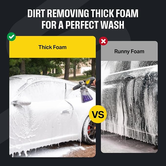Active Foam Cannon with ¼ inch quick connector for Electric and Gas Pressure Washers. Wide-mouth bottle and variable spray to generate thick snow foam spraying for home DIY car wash & detailing.