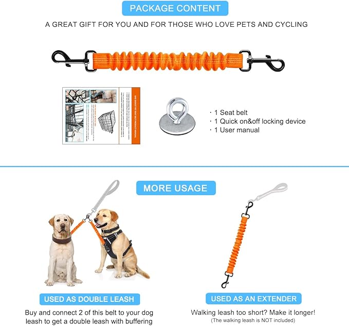 Dog Seat Belt for Bike Basket, Retractable Bicycle Dog Seatbelt, Elastic Pet Safety Leash Harness for Cat, Dog Leash Extension Attachment Shock Absorbing Lead Extension Absorber (Orange)