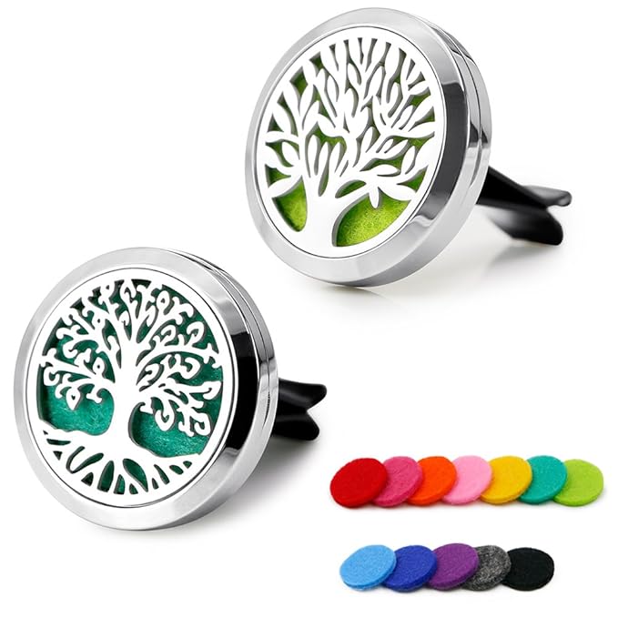 Car Air Freshener, 2PCS 30mm Car Aromatherapy Essential Oil Diffuser Stainless Steel Cars Diffuser with Vent Clip 12 Felt Pads