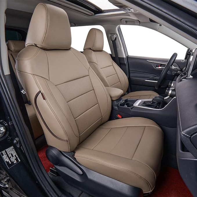 EKR Rav4 Seat Covers Custom Fit for Toyota Rav4(Gasoline) 2019 2020 2021 2022 2023 2024 2025 LE/XLE/XLE Premium/Limited,Leather Car Seat Cover Full Set for SUV,Faux Leather(Sand Beige)