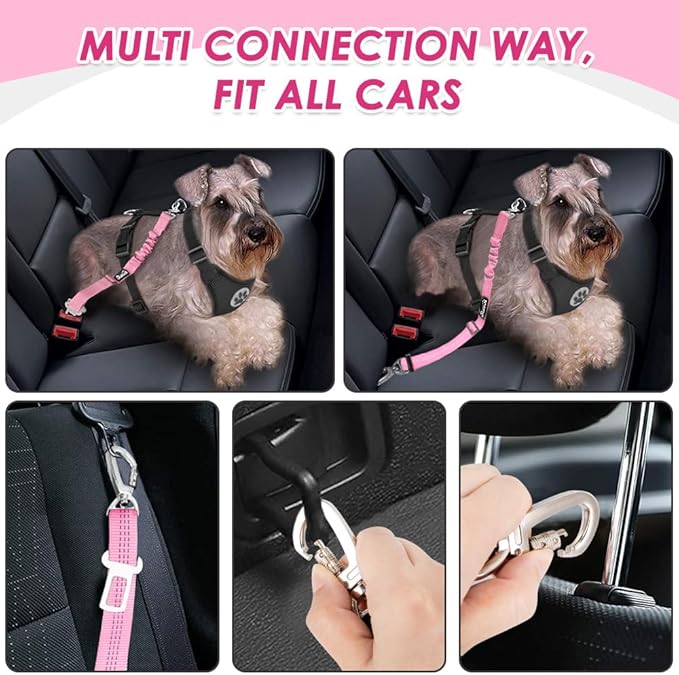 SlowTon Dog Seatbelt, 2 Pack Dog Seat Belt Car Leash Adjustable Elastic Bungee Buffer Heavy Duty Nylon Reflective Pet Safety Tether Connect to Dog Harness for Travel Riding in Vehicle (Daul Clip, PI)