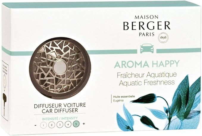 Maison Berger Car Diffuser Set – Refillable Vent Clip, Ceramic Refill, Made in France - Luxury Auto Scent - 4-Week Diffusion - Elegant Air Freshener for All Car Vents (Aquatic Freshness)