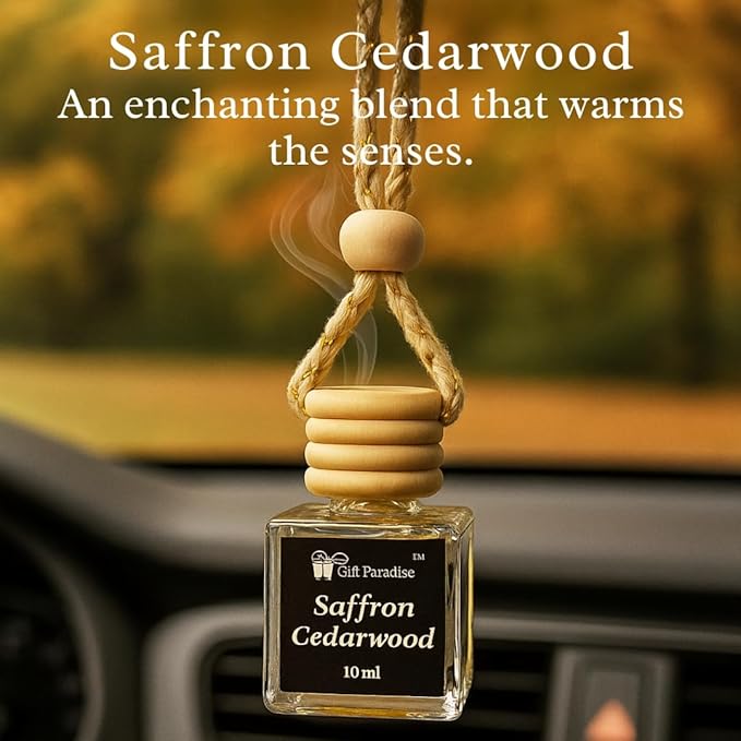 Gift Paradise® Saffron Cedarwood Car Air Freshener Set of 3 – Hanging Diffuser Bottles (10 ml Each) with Wooden Cap & Velvet Gift Bag, Long Lasting Luxury Car & Home Fragrance