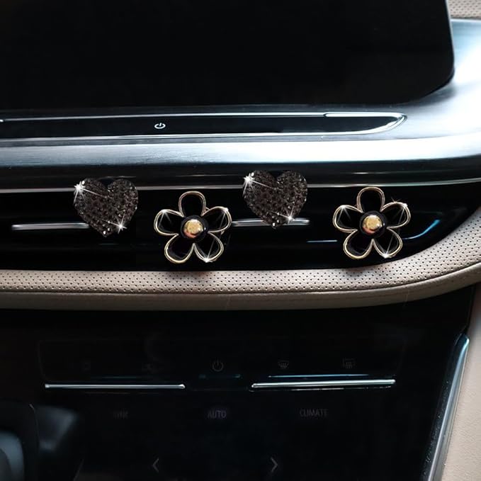 4PCS Car Air Vent Clips with Fragrance Pads, Cute Flower Car Air Fresheners Vents Clips Diamond Vent Clip Auto Interior Decor Charm Bling Auto Accessories Decoration for Women (Black)
