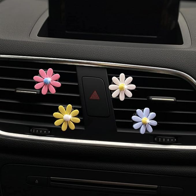 4Pcs Cute Daisies Car Clip, Flowers Car Air Fresheners Vent Clips Charm Air Vent Accessories Cute Car Decor Automotive Interior Trim Car Decorations for Girls & Women