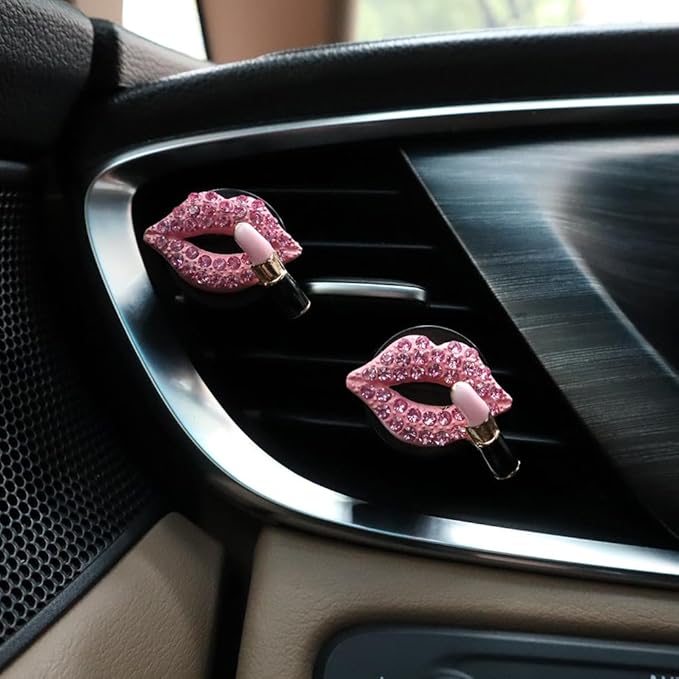 Pink Air Vent Clips Car Air freshener 4pcs Dazzling Lips Lipstick Bling Car Interior Decorations Accessories for Women Teens Girly Refillable Diffusers
