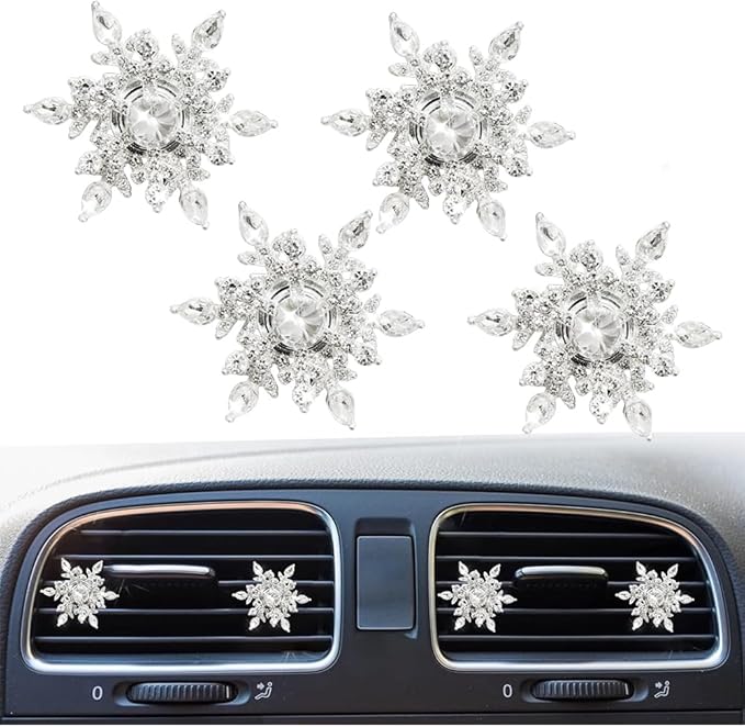 Bling 4Pcs Snowflake Air Vent Clips Car Air Freshener Outlet Clips Bling Rotatable Snowflake Car Vent Decorations Stress Relief Auto Accessories Toy Refillable (White)