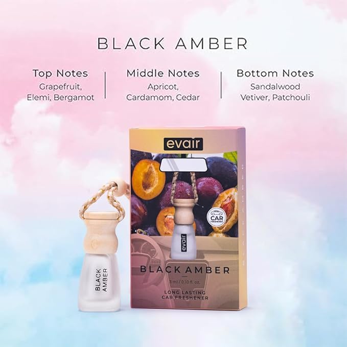Evair Pack of 2 Hanging Car Air Freshener (Black Amber + Ocean Rush), Car Accessories Interior, Car Perfume Aroma with Essential Oils Fragrance in Glass Bottle with Wooden Diffuser Lid (3ml Each)