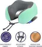 napfun Neck Pillow for Traveling, Upgraded Travel Neck Pillow for Airplane 100% Pure Memory Foam Travel Pillow for Flight Headrest Sleep, Portable Plane Accessories, Turquoise Striped Kit