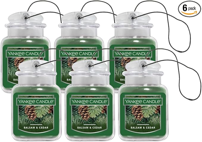 Yankee Candle Car Air Fresheners, Hanging Car Jar Ultimate, Neutralizes Odors Up To 30 Days, Balsam & Cedar, 0.96 OZ (Pack of 6)