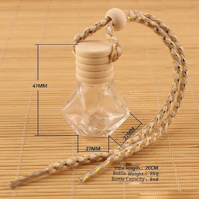 7Pcs 8ml Hanging Car Air Freshener Perfume Bottle, Refillable Aromatherapy Fragrance Clear Empty Essential Oil Diffuser Perfume Pendant Auto Ornaments Decor Accessories with Wooden Caps