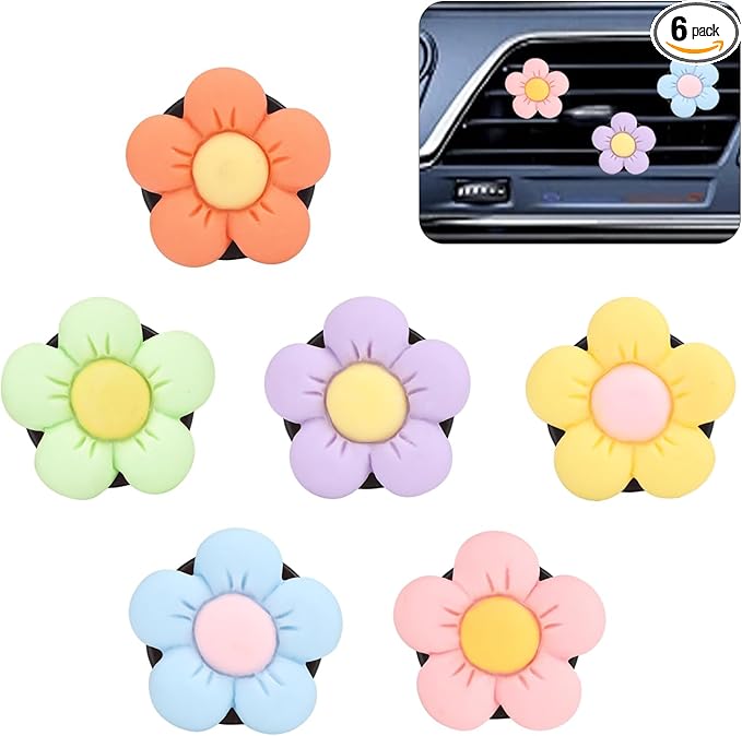 6PCS Cute Daisy Flower Air Vent Clip Car Accessories Air Conditioning Outlet Clip Car Air Freshener Dashboard Accessories Charm Car Inter Decor