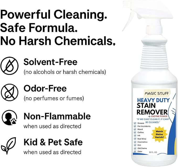 Magic Stuff Heavy Duty Stain Remover - Enzyme-Powered Carpet & Upholstery Cleaner - Eliminates Pet Urine, Odor, Wine, Coffee, Grease, and Deep Set Stains - No rinse, Odor Free, Kid & Pet Safe Formula