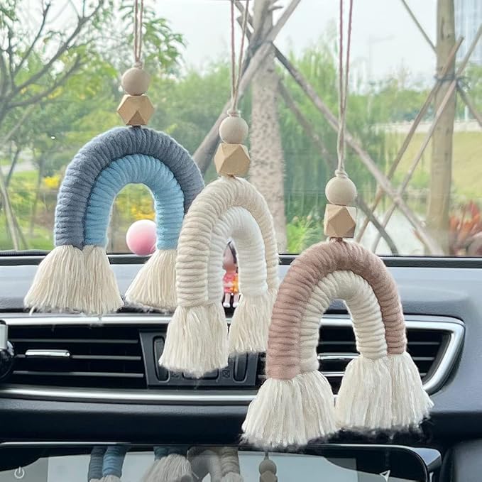 Macrame Rainbow Charm Boho Felt Ball Wood Bead Essential Oils Diffuser Interior Decor Handmade Car Accessories Colorful Hanging Air Freshener Decor(Blue)